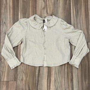 H&M  Light Green Plaid Ruffle Collar Blouse